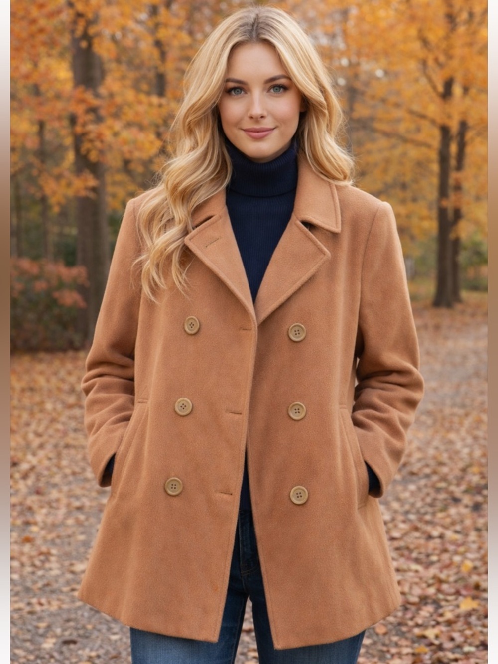 Talbots 100% Wool Camel Pea Coat Vintage Pristine Condition 14 Petite
